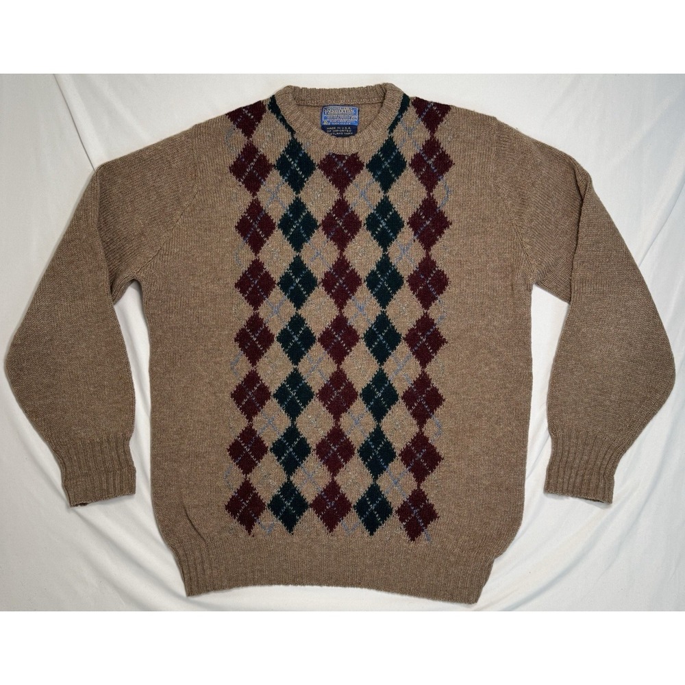 Vintage Pendleton Pure Virgin Wool Sweater Tan Plaid Mens Size XL Grandpa Core